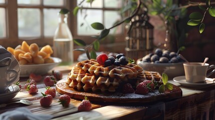 Wall Mural - Wooden table toped with waffles and other foods