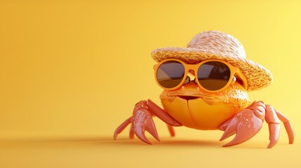 Chibi Crab in Sunglasses and Beach Hat - Fun 3D Render with Yellow Gradient Background