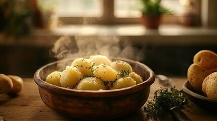 Boiled potatoes in a rustic bowl, steam rising, with a masher and herbs beside them, ready to be mashed in a cozy, warmly lit kitchen