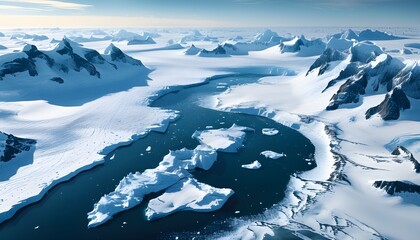 Wall Mural - Majestic Aerial View of Antarctic Coastline Showcasing Glaciers and Icebergs, Emphasizing Frozen Wilderness and Climate Change Awareness