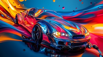 Wall Mural - Chrome Sports Car with Abstract Liquid Background