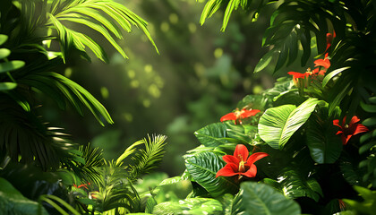 A lush jungle scene with vibrant green leaves and exotic flowers, bringing the warmth of the tropics to your screen