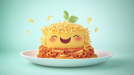 Playful pasta on a plate, featuring cheerful smiling ravioli characters, lasagna on a dish, and a collection of whimsical noodle products in a vector illustration set.