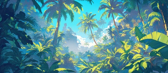 Wall Mural - Painting of palm leaves in a lush tropical forest A scenic view of a vibrant jungle showcasing the beauty of a humid tropical environment