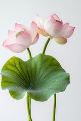 Two pink lotus flowers with a green leaf against a white background.