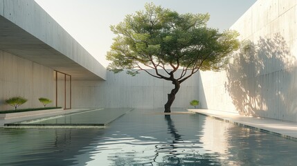 Poster - Minimalist Courtyard with a Tree and Reflecting Pool