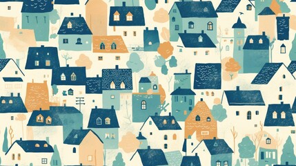 Canvas Print - Vector art featuring a pattern of houses in shades of blue green and beige