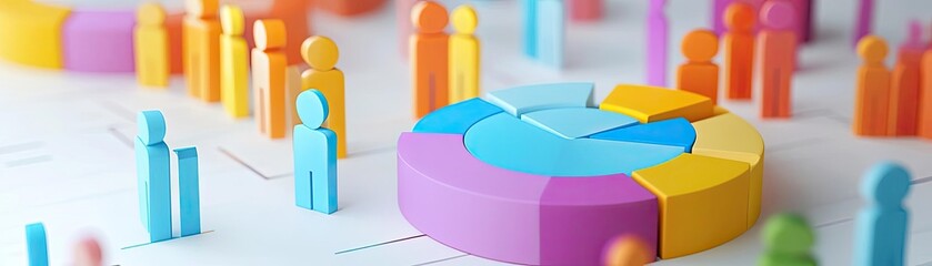 Colorful pie chart and figurines representing data analysis and statistics in a business context.