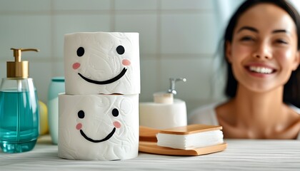 Wall Mural - Joyful woman amidst bathroom essentials, highlighting hygiene and comfort in daily routines with a close-up of toilet paper roll