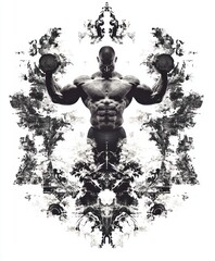 Wall Mural - A muscular figure lifting weights, surrounded by abstract artistic elements.