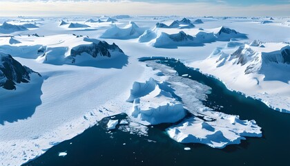 Wall Mural - Majestic Aerial View of Antarctic Coastline Showcasing Glaciers and Icebergs, Emphasizing Frozen Wilderness and Climate Change Awareness