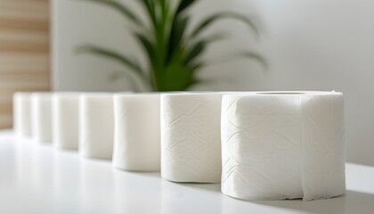 Poster - Minimalist Display of White Toilet Paper Rolls on a Sleek Surface Emphasizing Hygiene and Cleanliness in Bathroom Essentials