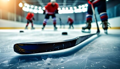 Wall Mural - Dynamic Ice Hockey Action with Stick and Puck on Rink, Skater in Background Showcasing Competitive Spirit in Winter Sports