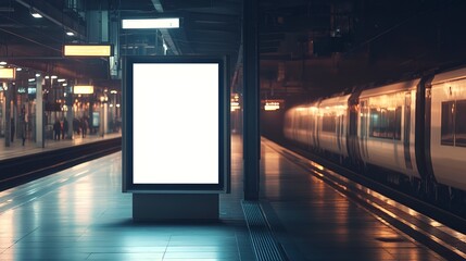 Sticker - big mock up of blank showcase billboard or advertising light box for your text message or media content at train station in the city, commercial, marketing and advertising concept