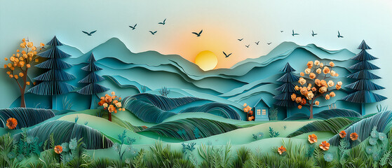 Wall Mural - Papercraft Mountain Landscape: A whimsical and serene papercraft scene depicting a mountain range at sunset, with intricate details and a calming blue and green color palette. The scene evokes a sense