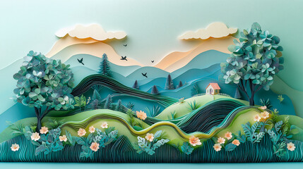 Wall Mural - Papercraft Idyll: A whimsical and handcrafted landscape unfolds in a vibrant blue hue, showcasing a serene cottage nestled amidst rolling hills, lush forests, and a clear sky adorned with delicate clo