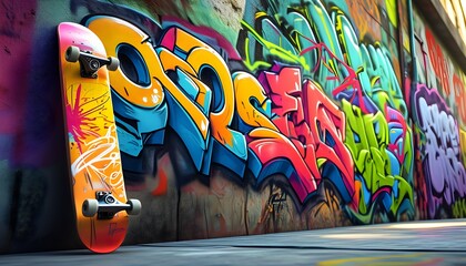 Wall Mural - Vibrant skateboard park adorned with colorful graffiti, showcasing urban youth culture, street art, and the thrill of extreme sports.