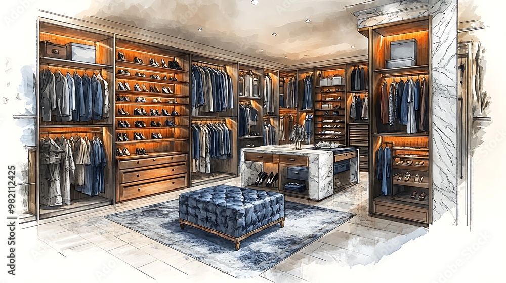 Interior sketch of a luxurious walk-in closet with organized racks of ...