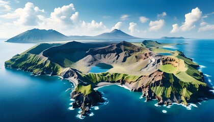 Wall Mural - Breathtaking volcanic island emerging from clear blue waters with stunning crater views, showcasing natures beauty and geological wonders.