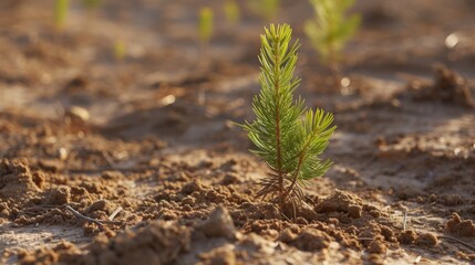 Tiny Pine Sapling Growing in Soil - Reforestation and Nature