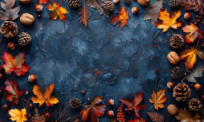 A collection of fall leaves, pinecones, and nuts arranged on a textured surface, evoking the warmth of autumn. Free copy space for text.