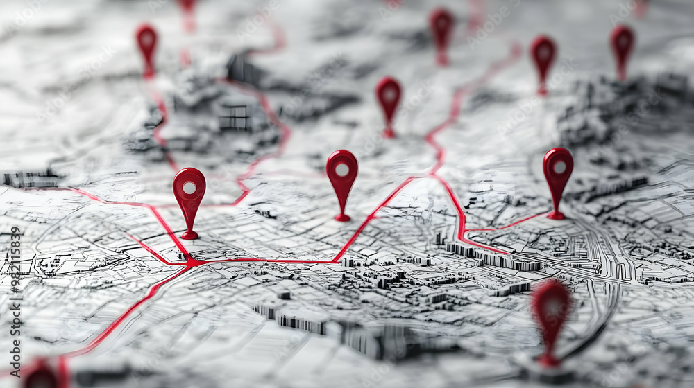 Red Pin Markers on a Detailed City Map with Roads and Buildings in 3D ...