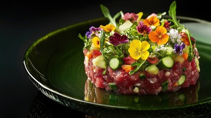 Wall Mural - Fine dining tartare beef flower circle salad with raw beef, fresh vegetables, and edible flowers, artistically displayed on a green plate atop a black reflective surface.