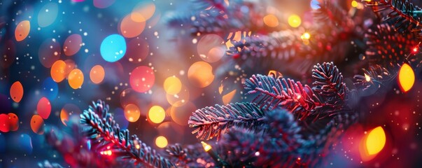 Wall Mural - Bright and colorful bokeh Christmas lights twinkling in a festive holiday atmosphere. Free copy space for banner.