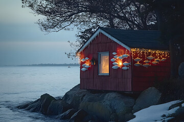 A fishing shack decorated for Christmas in Massachusetts with fish lights.