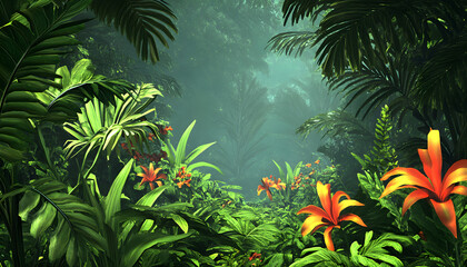 A lush jungle scene with vibrant green leaves and exotic flowers, bringing the warmth of the tropics to your screen