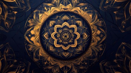 A bold and vibrant gold mandala illustration on a deep rich background creating a sense of opulence