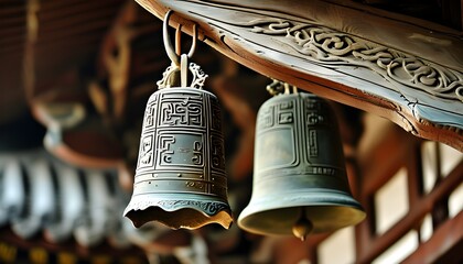 Intricate engraved brass bell hanging from wooden structure, symbolizing historic landmarks and rich cultural heritage in traditional architecture