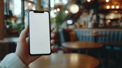 Woman's hand using smartphone with blank screen at coffee shop for mobile app design and marketing.