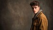 © BozStock - Handsome young man in brown jacket and grey hoodie looking at camera.