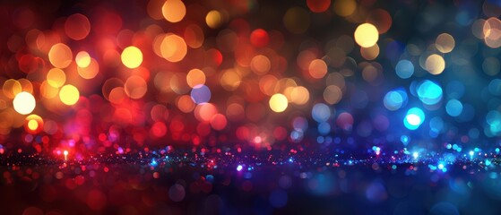 Wall Mural - Bright and colorful bokeh Christmas lights twinkling in a festive holiday atmosphere. Free copy space for banner.