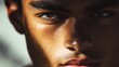 © BozStock - Closeup portrait of a young man with intense eyes, half of his face in shadow.