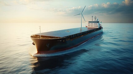 Hybrid cargo ship with solar panels and wind turbines, cruising through international waters, promoting sustainable maritime transport with clean energy