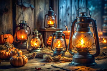 Wall Mural - Vintage lanterns and pumpkins for festive halloween scene