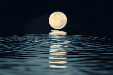 A bright full moon casts a shimmering path of light across the calm water, illuminating the night sky