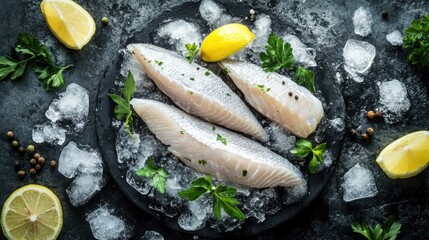 Wall Mural - Ikan Patin (Silver Catfish) fillets on ice in a seafood market display, with fresh herbs, lemon wedges, and a dark textured background, top view.