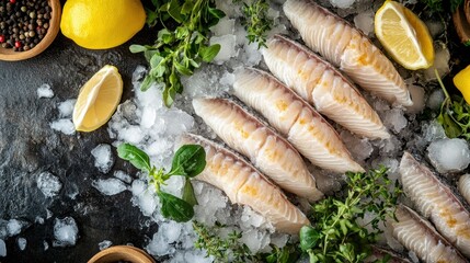 Wall Mural - Ikan Patin (Silver Catfish) fillets on ice in a seafood market display, with fresh herbs, lemon wedges, and a dark textured background, top view.