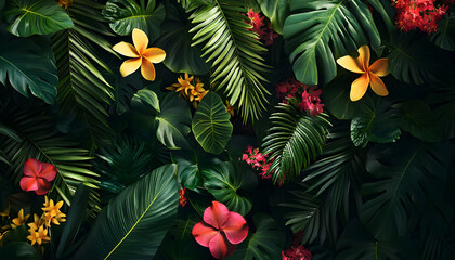 A lush jungle scene with vibrant green leaves and exotic flowers, bringing the warmth of the tropics to your screen