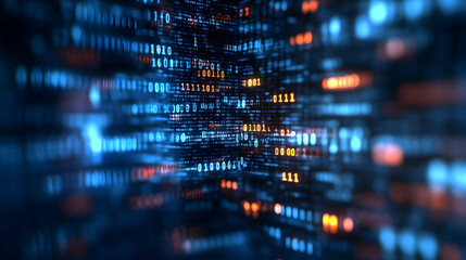 Abstract Digital Binary Code Background with Glowing Blue and Orange Numbers in a 3D Perspective