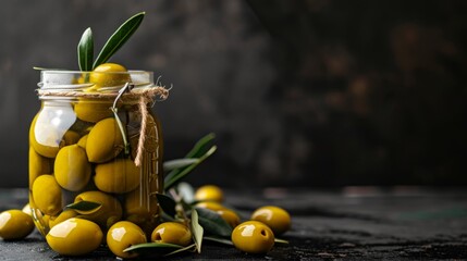 Green Olives in a Jar with Olive Branch - Delicious Mediterranean Appetizer