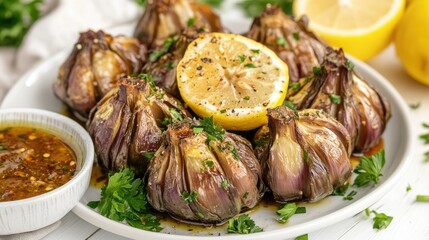 Wall Mural - Italian carciofi alla romana on a white wooden background, garnished with fresh lemon, parsley, and drizzled in olive oil. Served with a spicy side sauce for a flavorful punch.