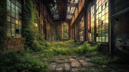 Poster - Sunlit Overgrown Interior of an Abandoned Brick Building