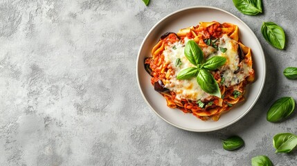 Wall Mural - Italian Pasta alla Norma on a plate with eggplant, tomato sauce, and cheese, garnished with fresh basil, against a textured gray concrete backdrop.