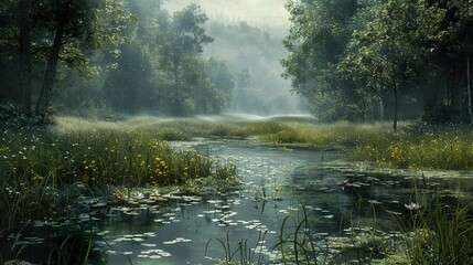 Poster - Serene River Landscape with Fog and Sunlight