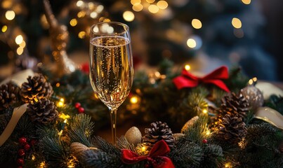 A glass of champagne is sitting on a wreath of Christmas greenery