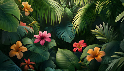 A lush jungle scene with vibrant green leaves and exotic flowers, bringing the warmth of the tropics to your screen